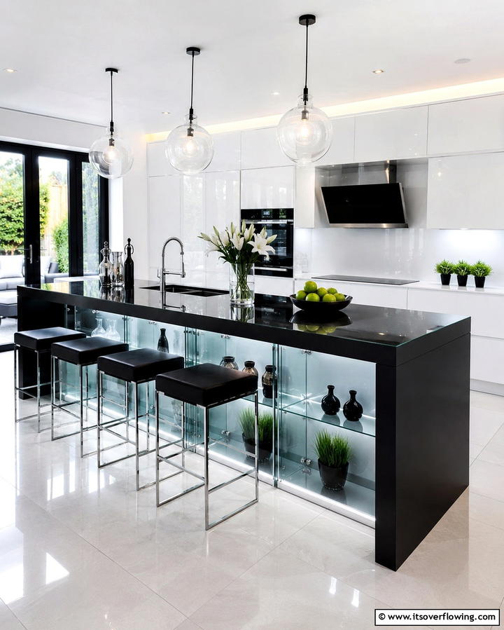 Black Island with Glass Accents - 25 Sleek Black Kitchen Island Ideas for a Modern Kitchen