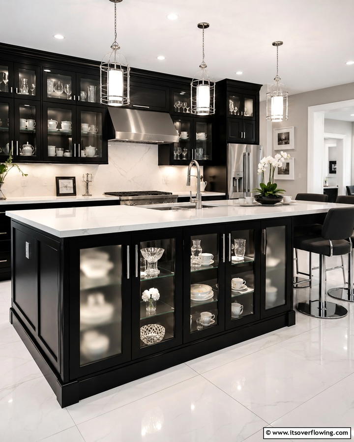 Black Island with Glass Front Cabinets - 25 Sleek Black Kitchen Island Ideas for a Modern Kitchen