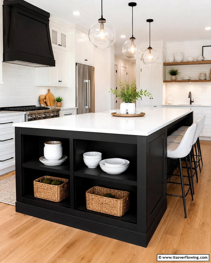 Black Island with Open Shelving - 25 Sleek Black Kitchen Island Ideas for a Modern Kitchen