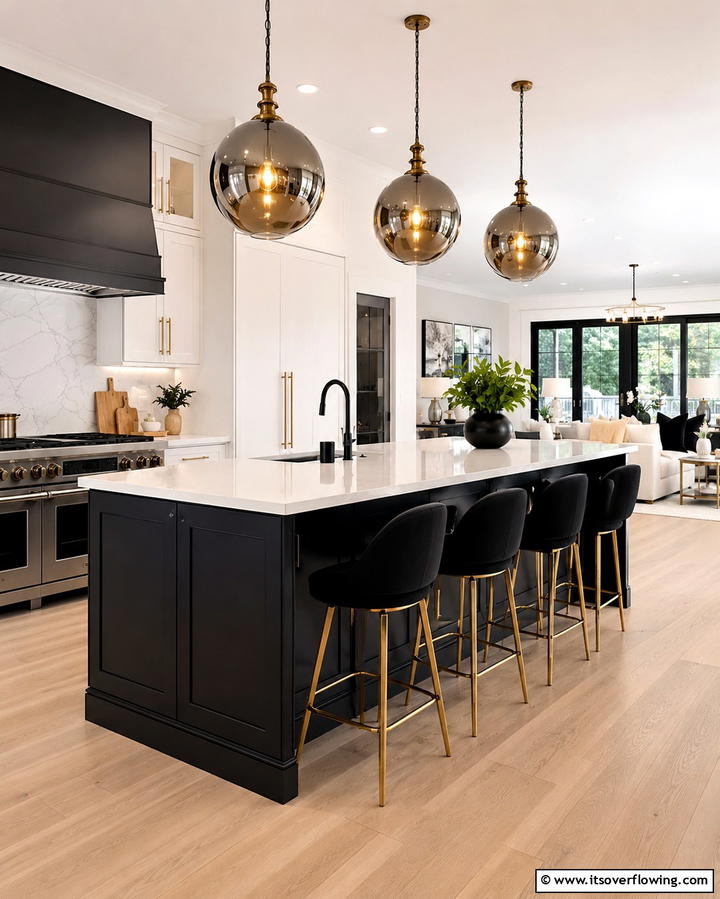 Black Island with Pendant Lighting Overhead - 25 Sleek Black Kitchen Island Ideas for a Modern Kitchen