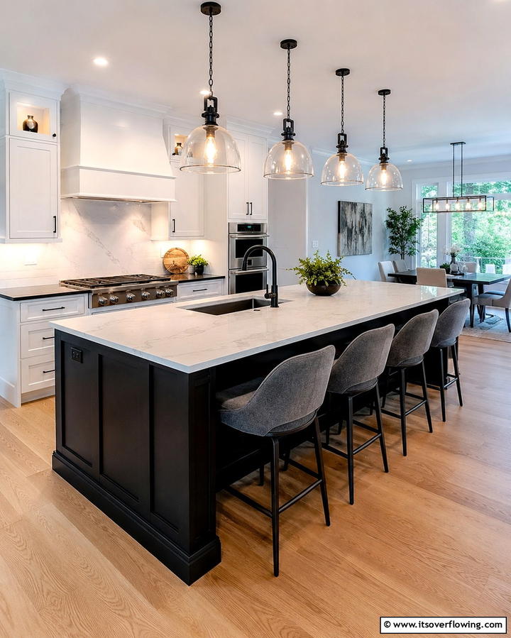Black Island with Pendant Lighting - 25 Sleek Black Kitchen Island Ideas for a Modern Kitchen