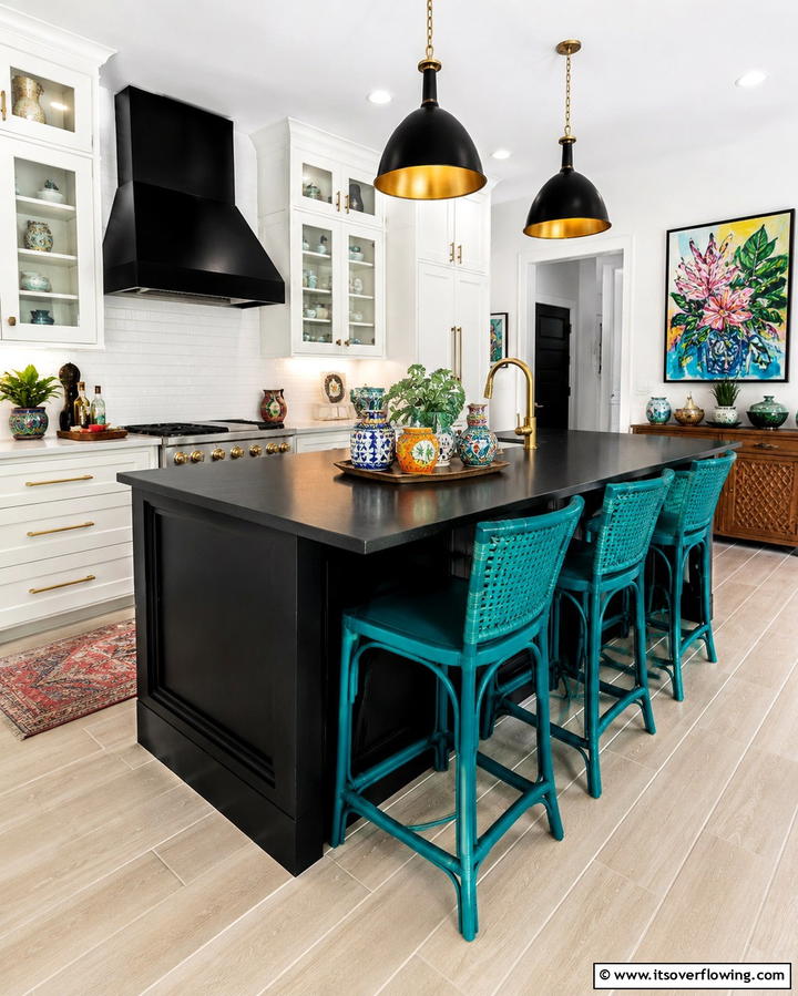 Black Island with Pop of Color - 25 Sleek Black Kitchen Island Ideas for a Modern Kitchen