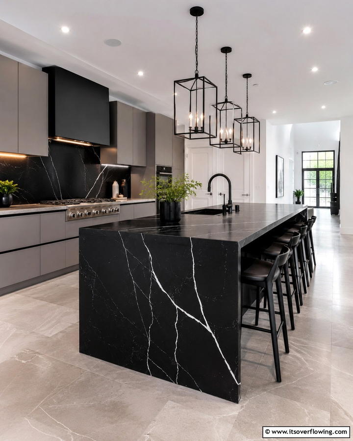 Black Island with Waterfall Countertop Design - 25 Sleek Black Kitchen Island Ideas for a Modern Kitchen