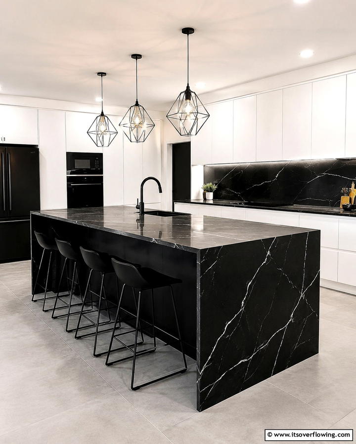 Black Island with Waterfall Countertops - 25 Sleek Black Kitchen Island Ideas for a Modern Kitchen