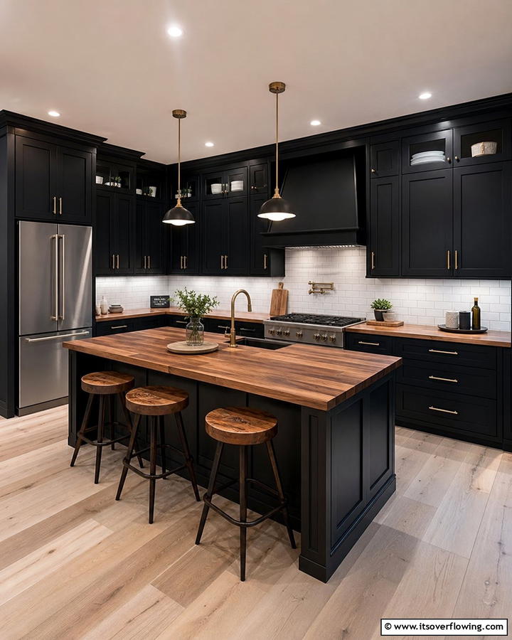 Black Kitchen Cabinets with Wooden Countertops - 20 Black and Brown Interior Design Ideas for Modern Homes