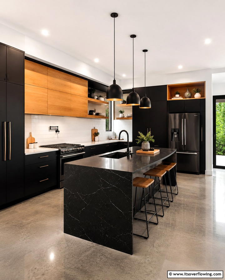 Black Kitchen with Wooden Cabinets - 25 Black House With Wood Accents Ideas for a Bold Design