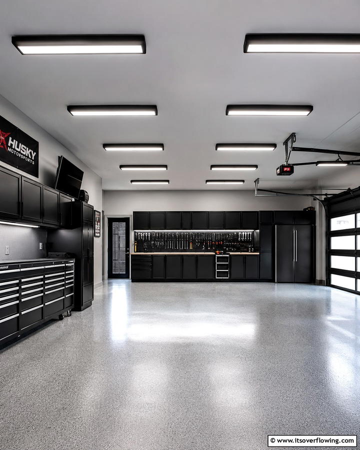Black LED Lighting Fixtures - 25 Black Garage Ideas for a Sleek and Functional Space