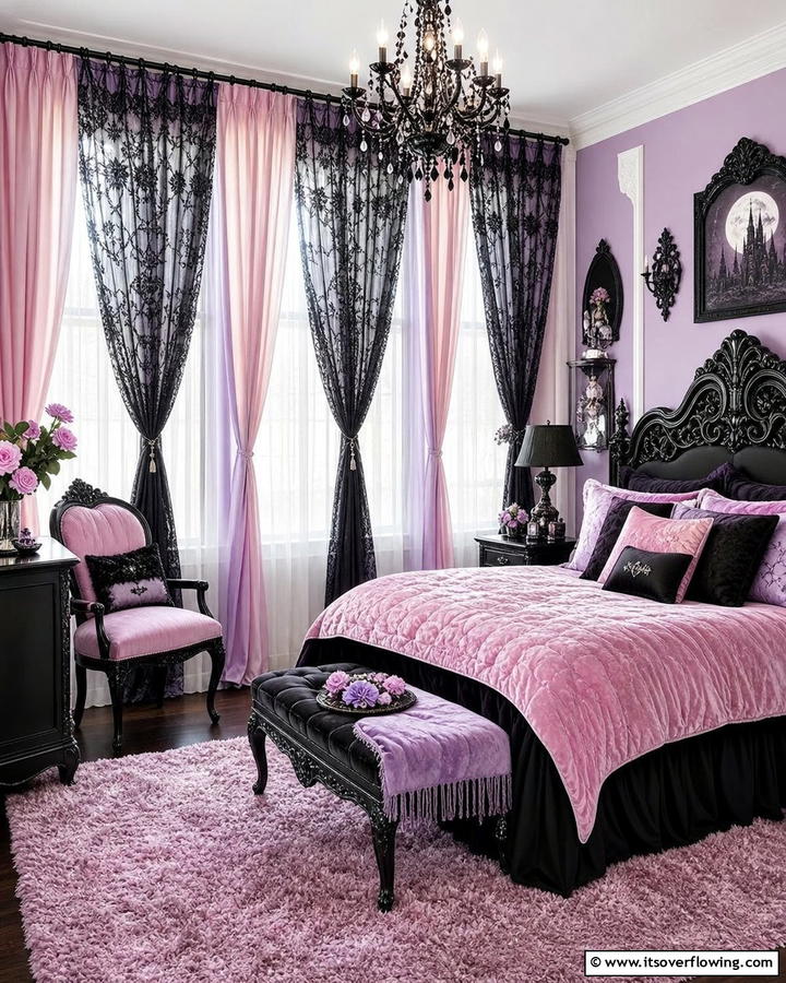Black Lace Curtains with Pastel Drapes - 20 Pastel Goth Bedroom Ideas for a Unique Aesthetic