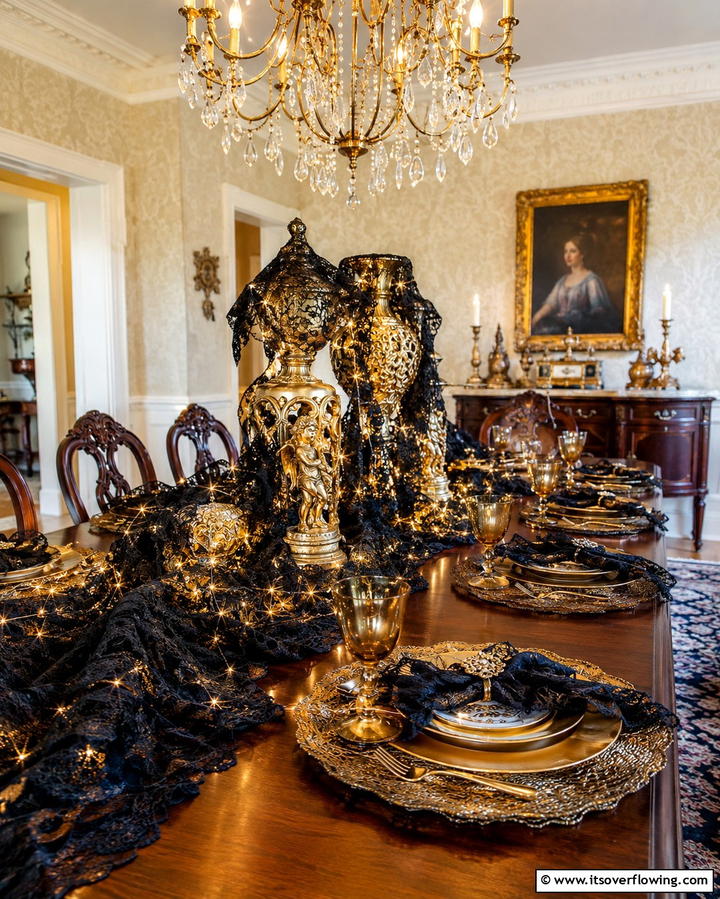 Black Lace with Golden Highlights - 25 Stunning Black and Gold Centerpiece Ideas for Your Home