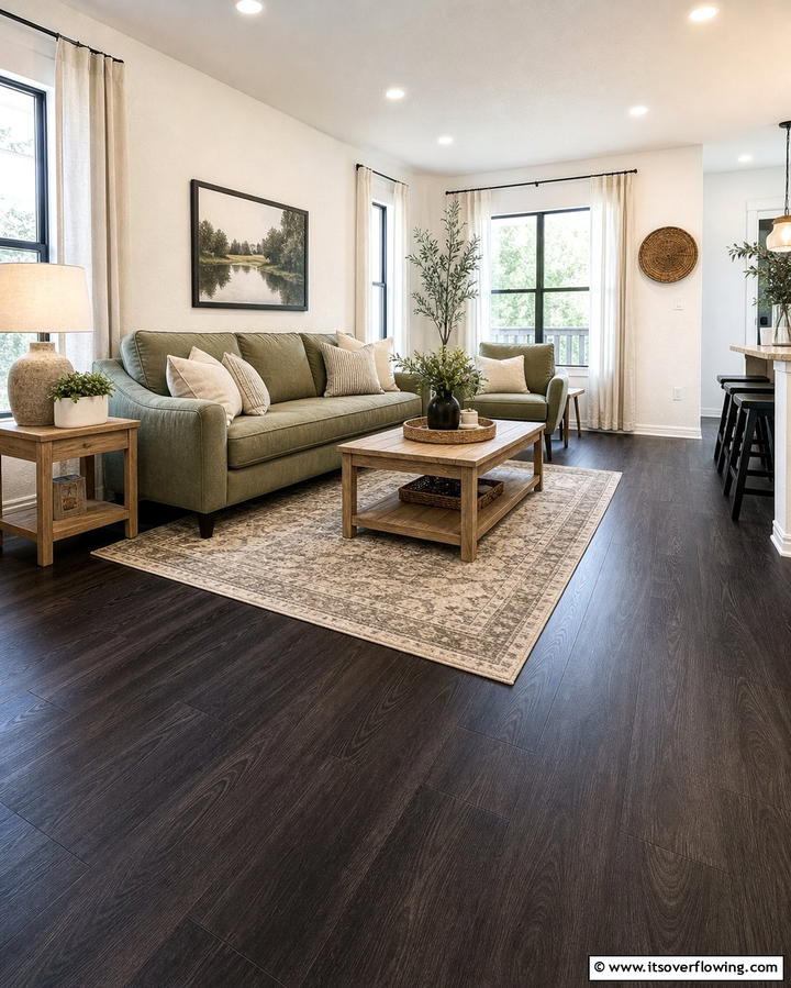 Black Laminate Flooring for Versatility - 25 Black Floor Living Room Ideas for a Modern Aesthetic