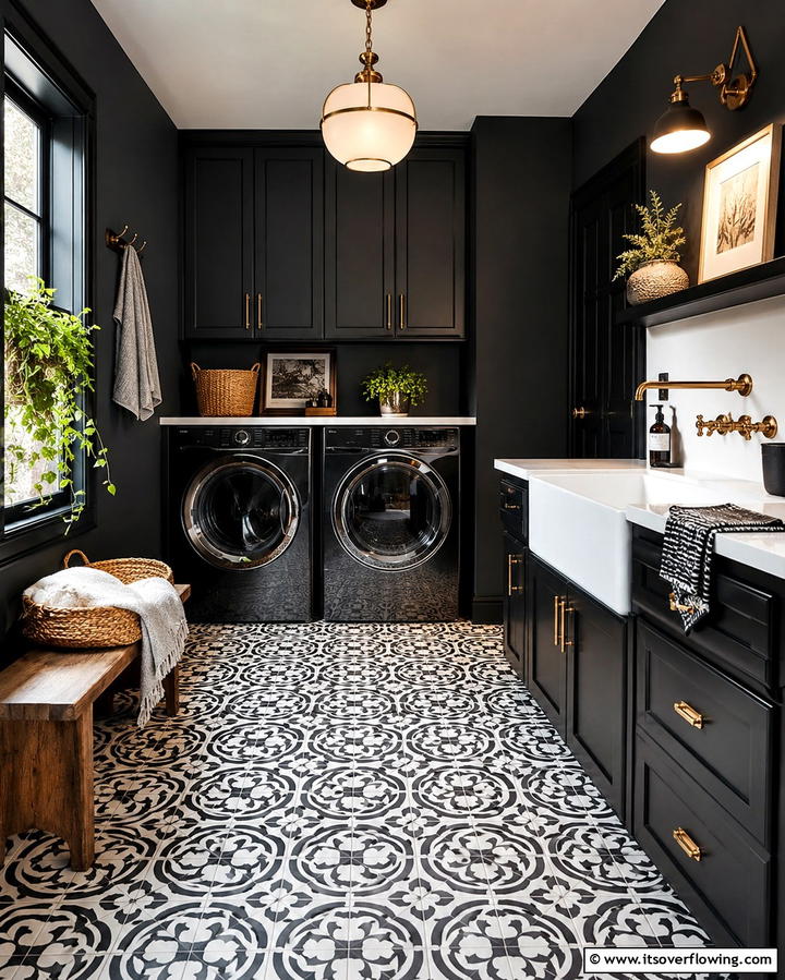 Black Laundry Room with Patterned Floors - 30 Stylish Black Laundry Room Ideas for a Modern Utility Space