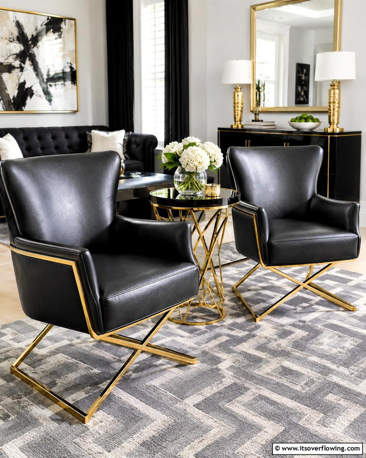 Black Leather Chairs with Gold Legs - 25 Black and Gold Living Room Ideas for a Luxurious Feel