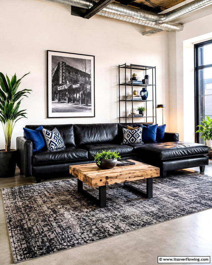 Black Leather Sofa with Blue Pillows - 25 Bold Black and Blue Living Room Ideas for a Statement