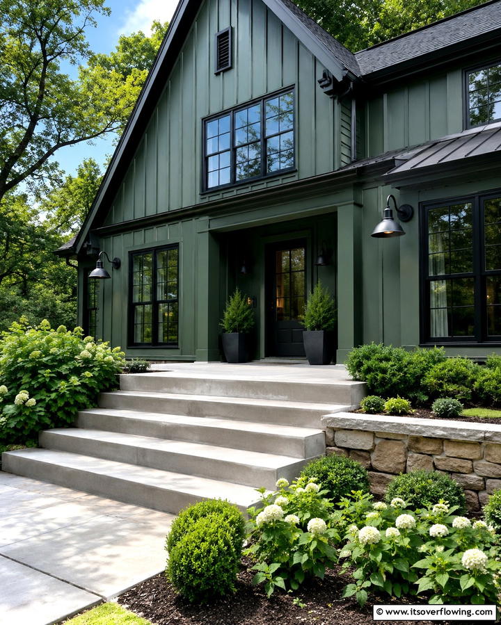 Black Lighting Fixtures on Forest Green Exteriors - 25 Forest Green House With Black Trim Ideas- Bold & Modern