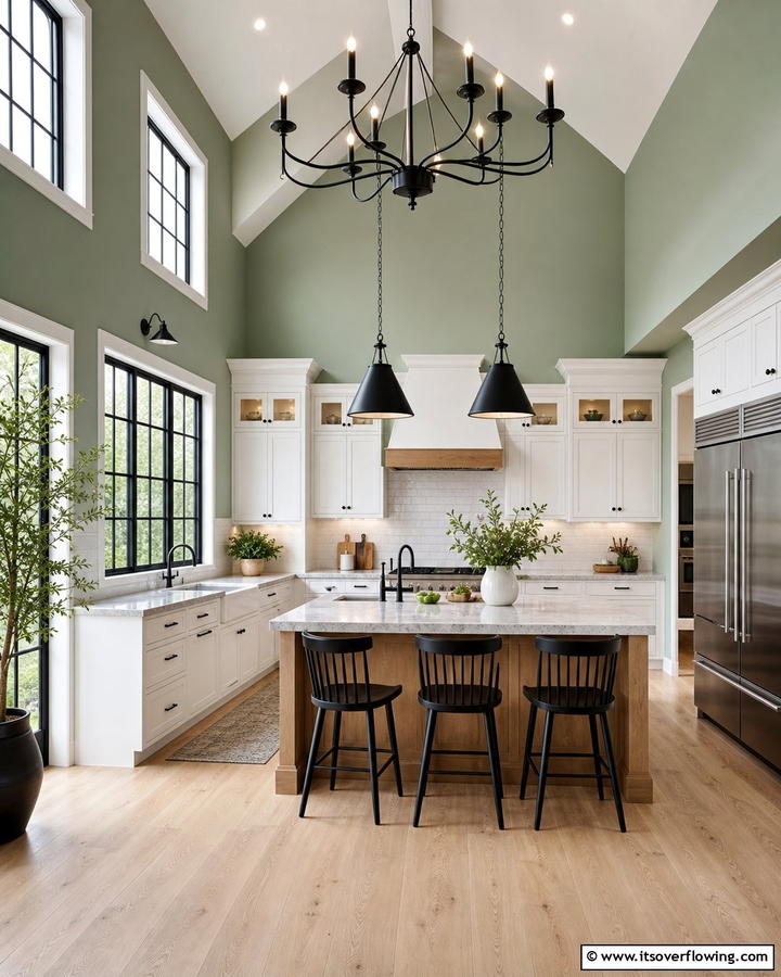 Black Lighting Fixtures with Sage Green Walls - 20 Sage Green and Black Kitchen Ideas for a Modern Feel