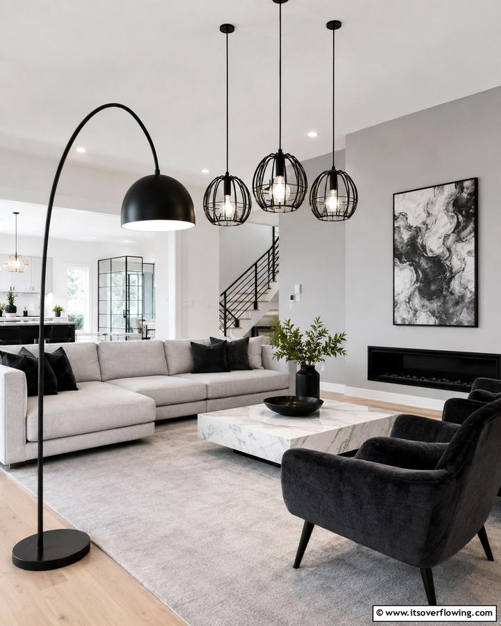Black Lighting Fixtures - 30 Bold Black Living Room Designs for Dramatic Modern Spaces
