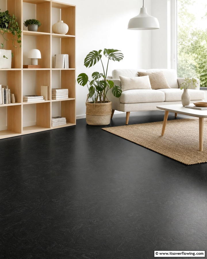 Black Linoleum Floors for Sustainability - 25 Black Floor Living Room Ideas for a Modern Aesthetic