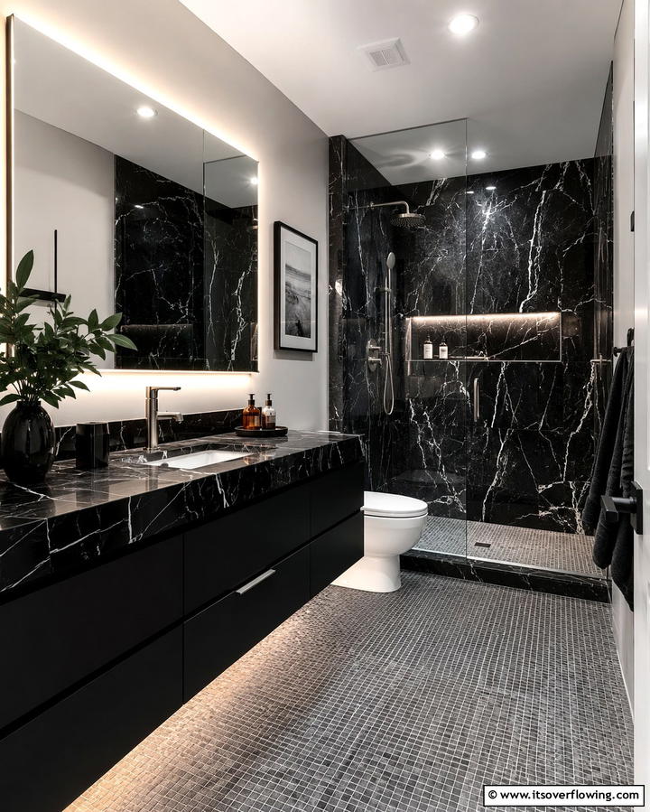 Black Marble Accents - 25 Black and Grey Bathroom Ideas for a Sleek Design