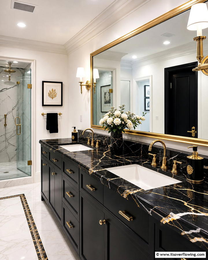 Black Marble Countertops - 25 Black and Gold Bathroom Ideas for a Glamorous Space