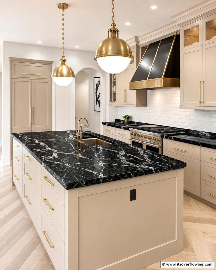 Black Marble Countertops with Beige Cabinets - 20 Black and Beige Kitchen Ideas for a Timeless Look