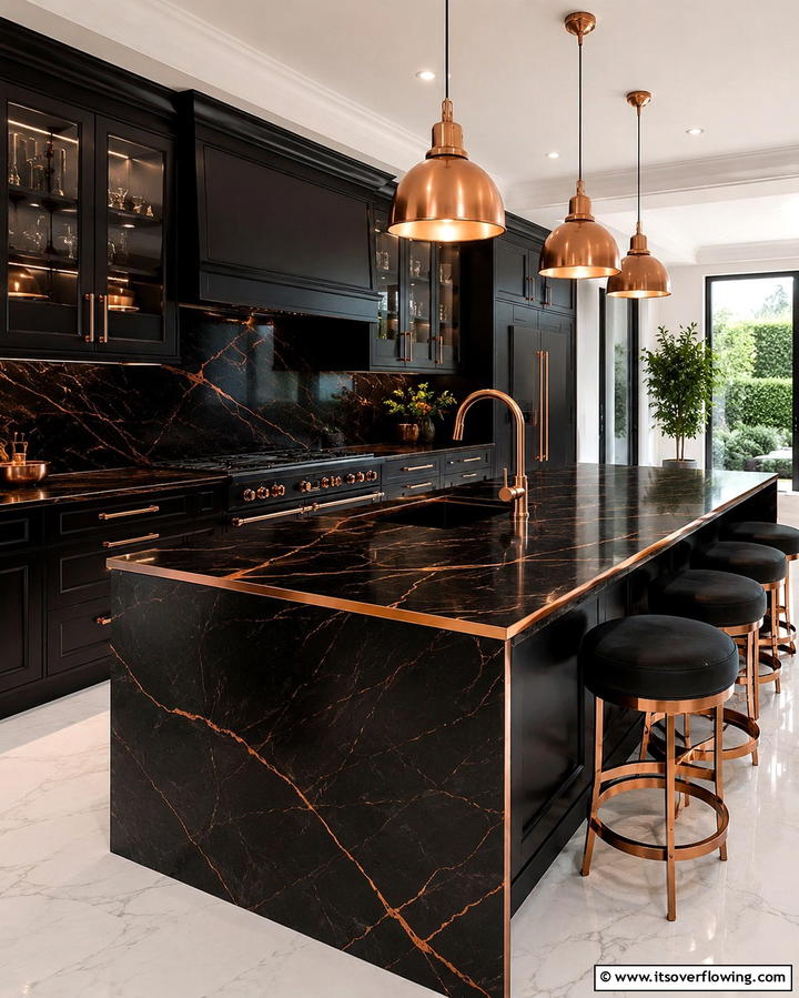 Black Marble Countertops with Copper Inlays - 25 Black and Copper Kitchen Ideas for a Bold Look