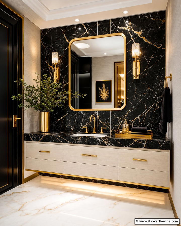 Black Marble Countertops with Gold Accents - 25 Luxurious Black and Gold Powder Room Ideas for Elegance