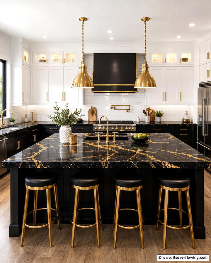 Black Marble Countertops with Gold Veining - 25 Black and Gold Kitchen Ideas for a Luxurious Look