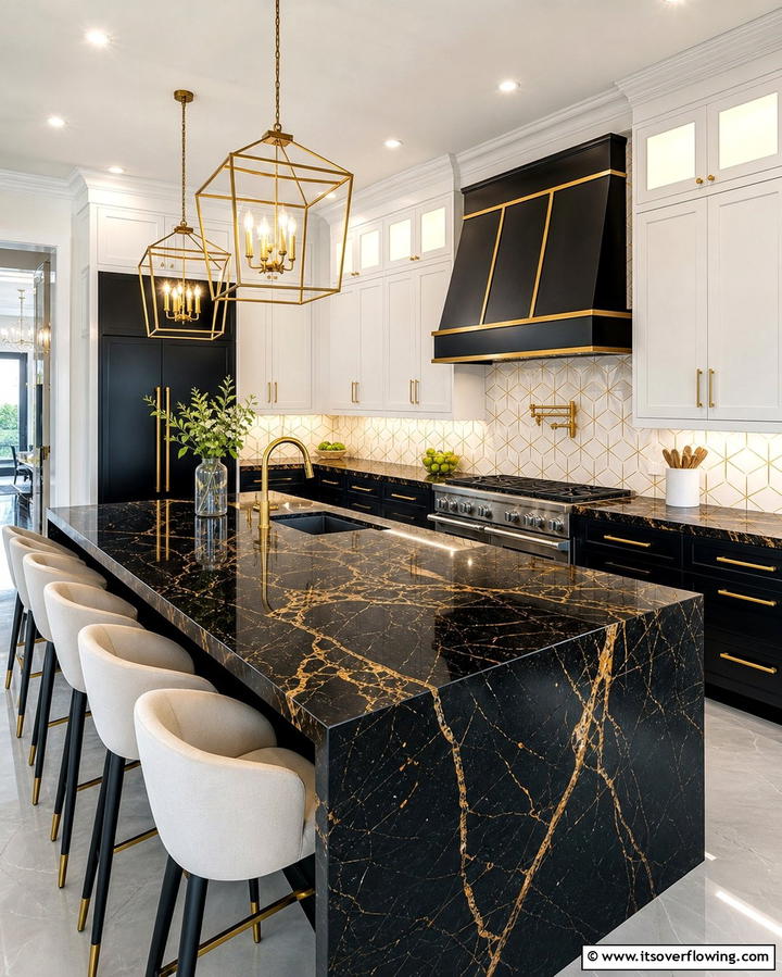Black Marble Countertops with Gold Veins - 25 Black and Gold Kitchen Ideas for a Luxurious Look