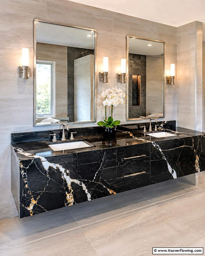 Black Marble Countertops with Veining - 30 Bathrooms with Black Countertops for Modern Elegance