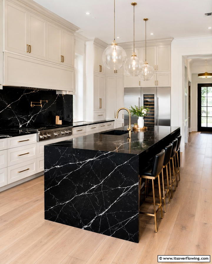 Black Marble Countertops with White Veining - 25 Black Kitchen Countertops for a Bold Statement