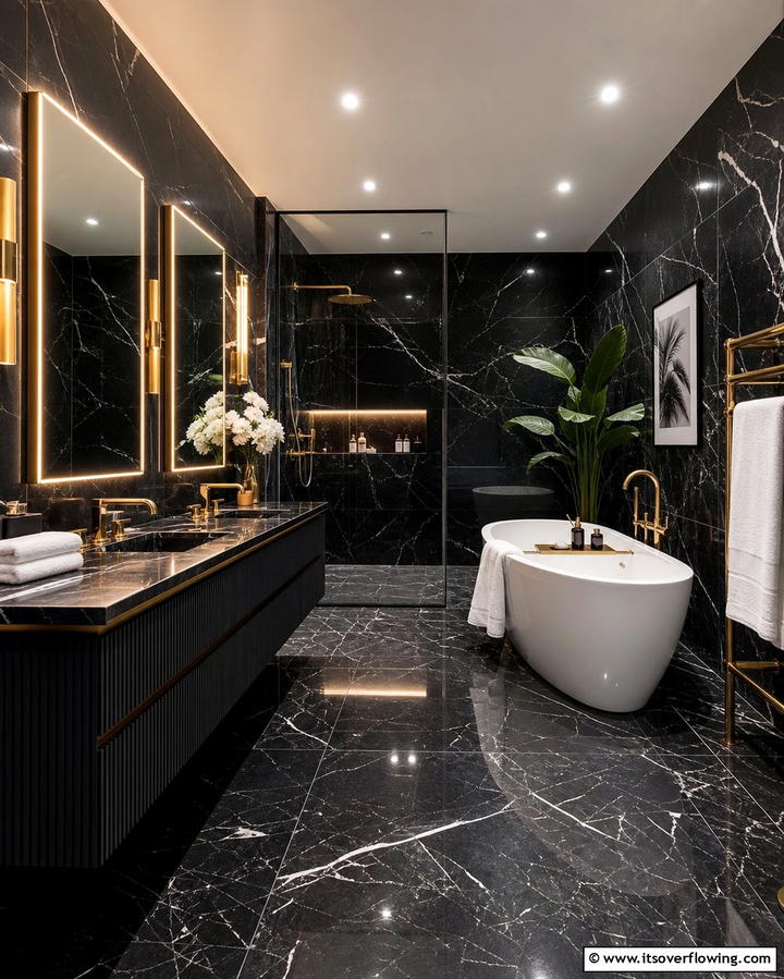 Black Marble Elegance - 25 Stylish Black Tile Bathroom Ideas