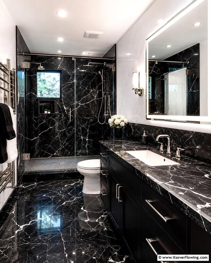 Black Marble EleganceOne - 25 Black Bathroom Ideas to Elevate Your Space
