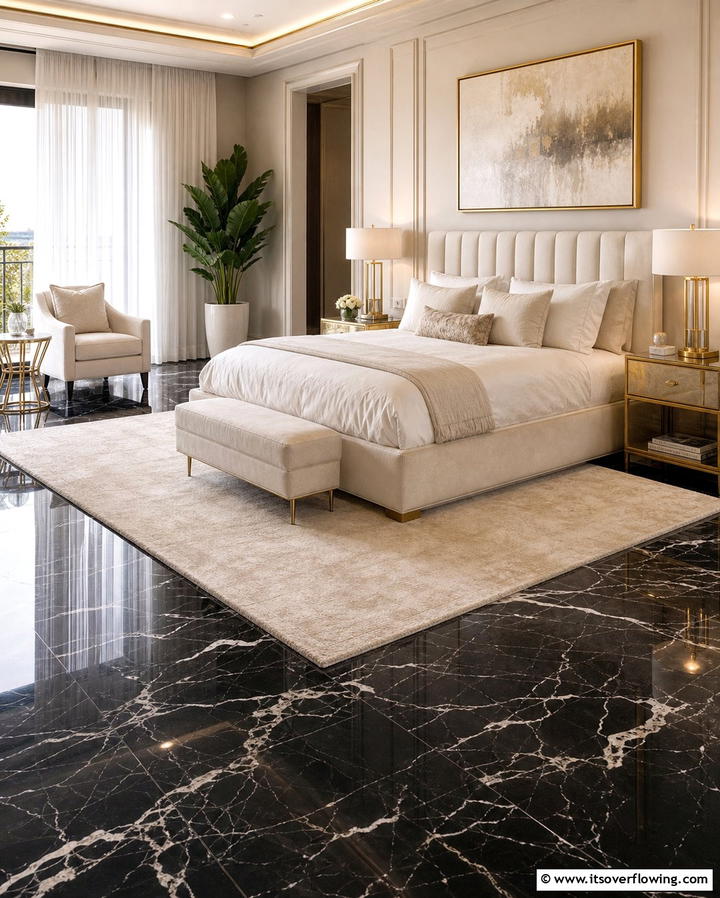 Black Marble Flooring for a Luxurious Touch - 25 Black Floor Bedroom Ideas for a Bold and Modern Look