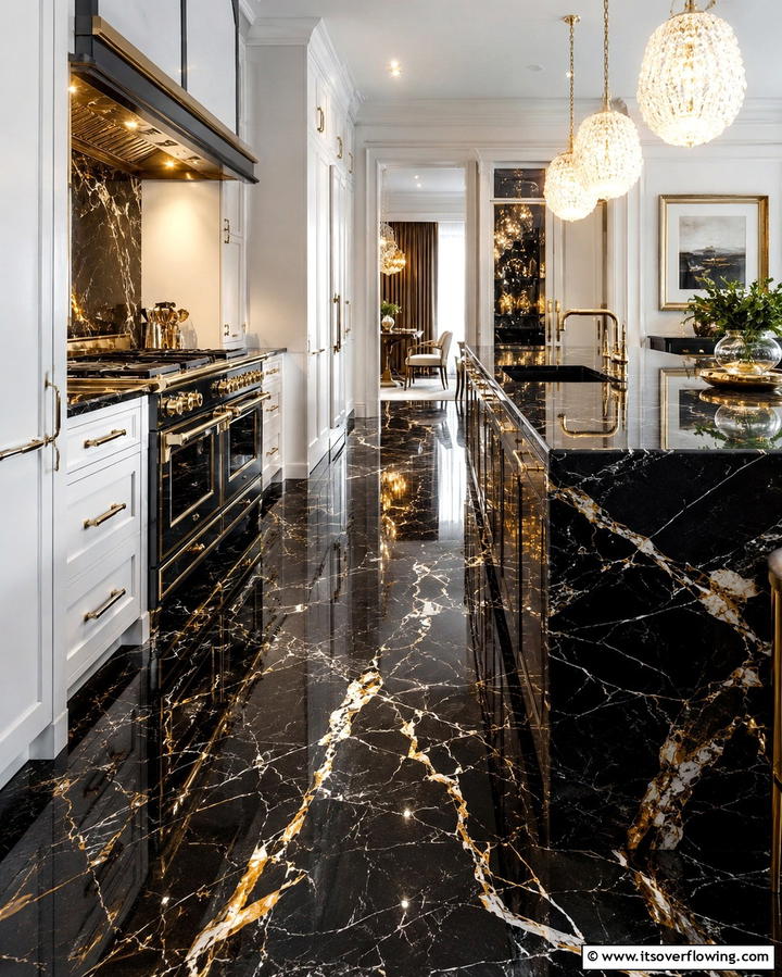 Black Marble Floors for Timeless Elegance - 25 Black Kitchen Floor Ideas for a Sleek and Stylish Space