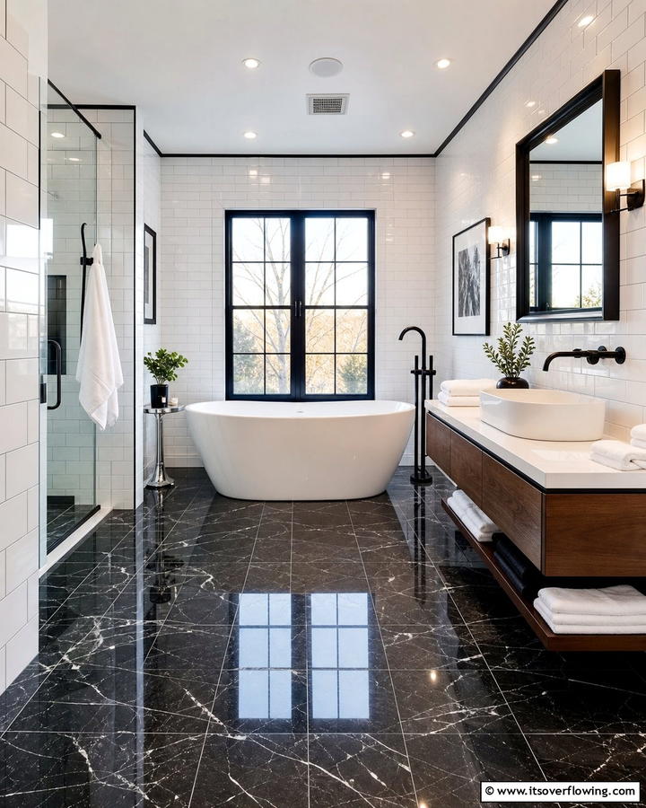 Black Marble Floors with White Subway Tiles - 20 Black Floor Bathroom With White Walls Ideas for Contrast