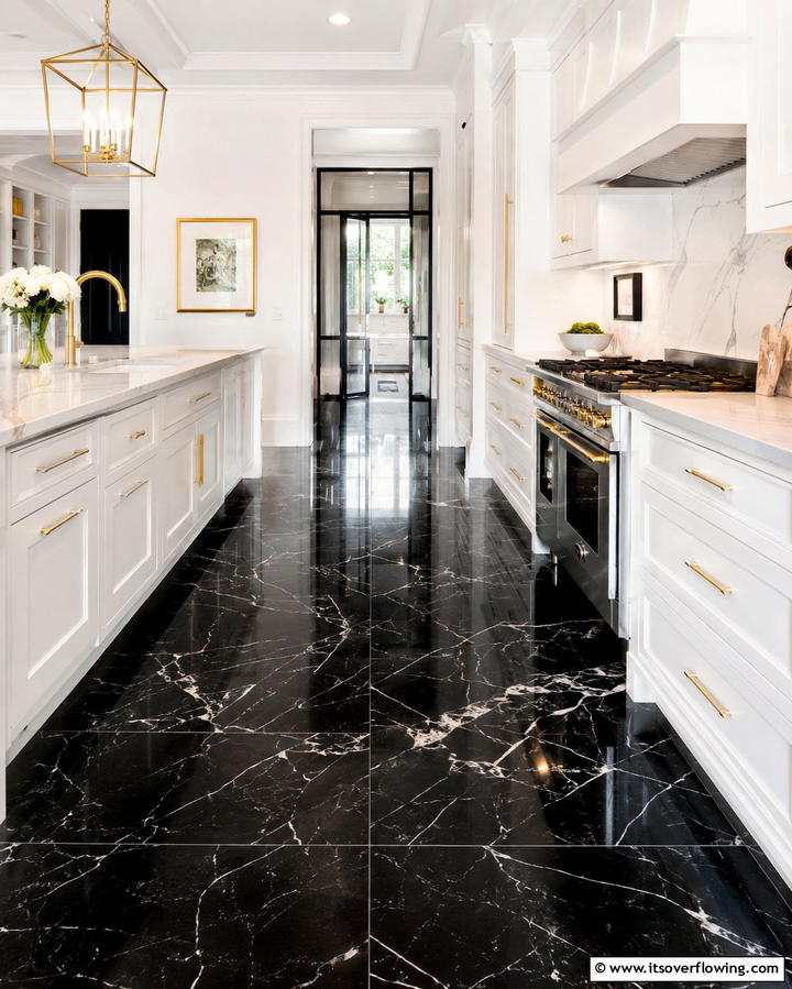 Black Marble Floors with White Veining - 25 Black Kitchen Floor Ideas for a Sleek and Stylish Space