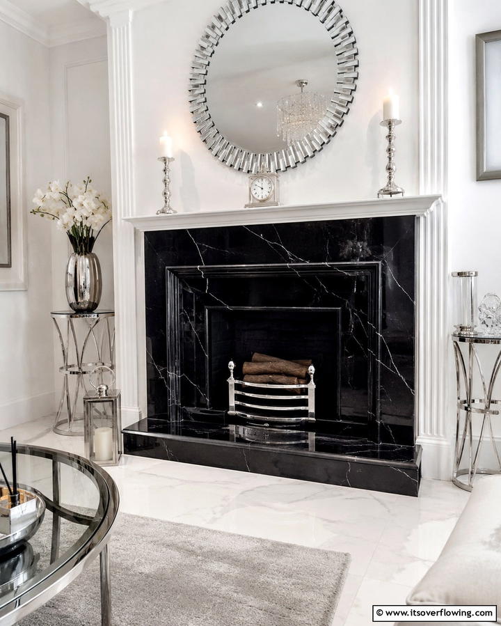 Black Marble Hearth - 25 Black and White Fireplace Ideas for Timeless Elegance