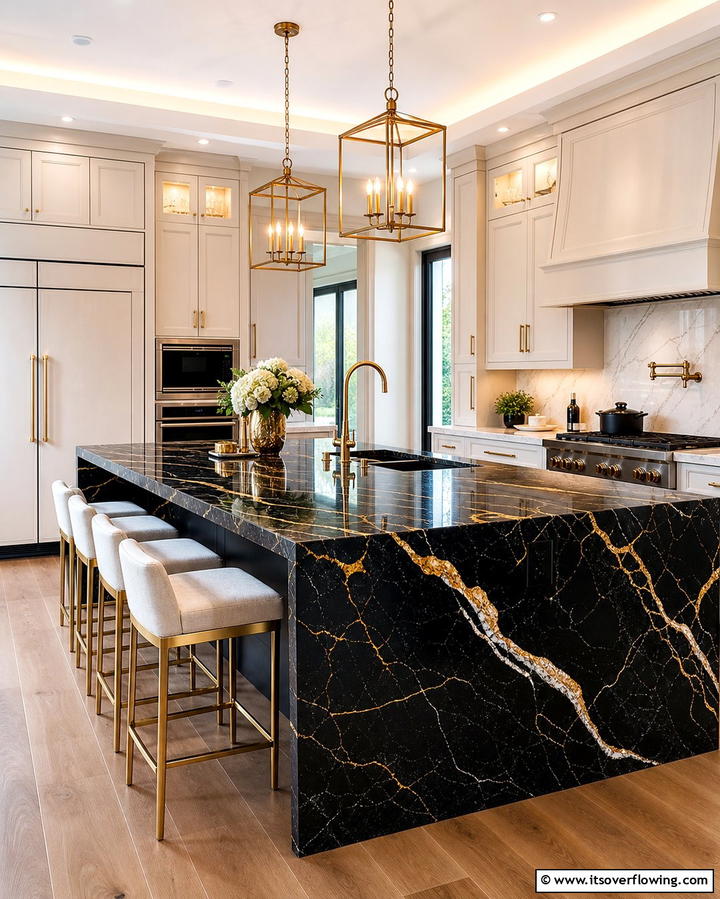 Black Marble Island for Bold Contrast - 25 Marble Kitchen Island Ideas for a Stunning Centerpiece
