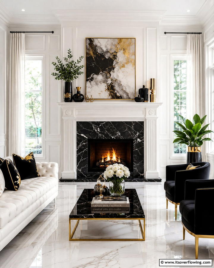 Black Marble Surround with White Mantel - 25 Black and White Fireplace Ideas for Timeless Elegance