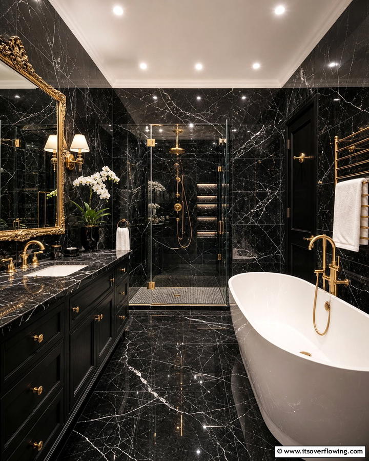Black Marble Tiles for Luxurious Appeal - 25 Stylish Black Tile Bathroom Ideas