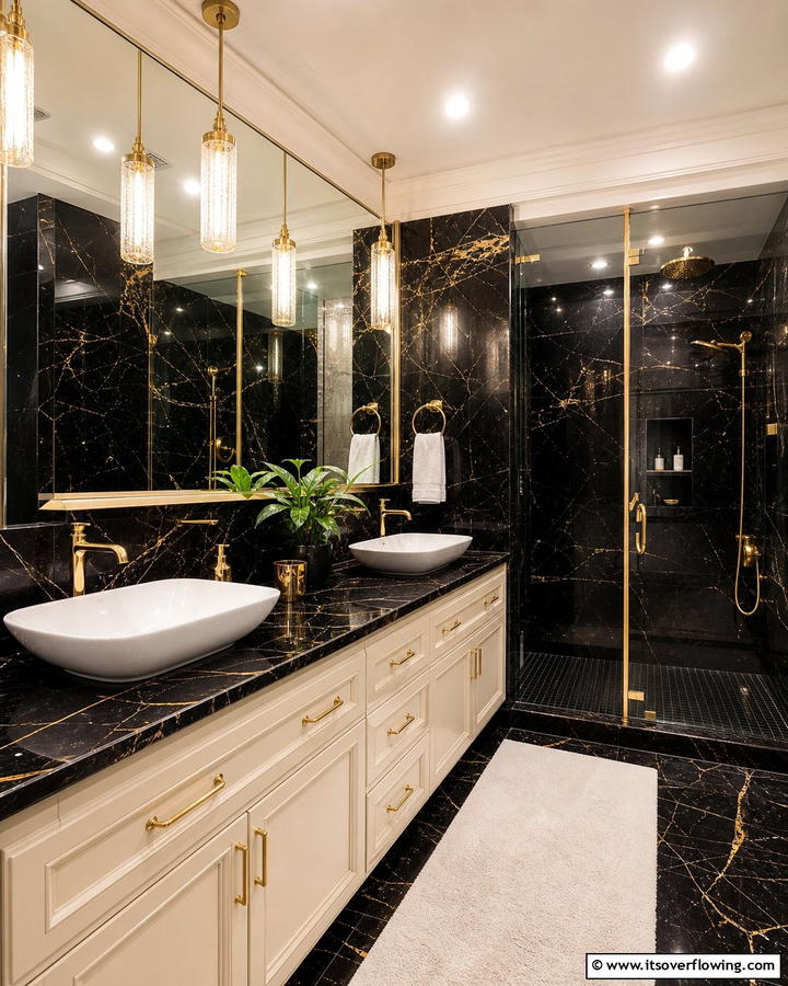 Black Marble and Gold Accents - 20 Black Marble Bathrooms- Luxurious Design Ideas