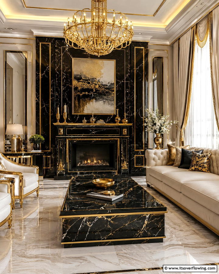 Black Marble with Gold Inlays - 25 Black and Gold Living Room Ideas for a Luxurious Feel