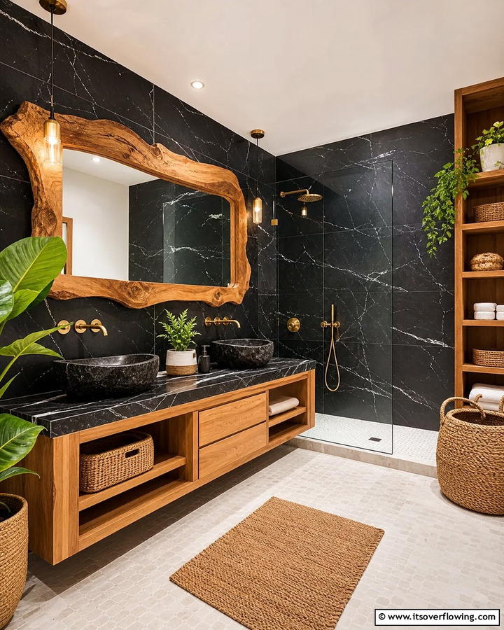 Black Marble with Natural Wood - 20 Black Marble Bathrooms- Luxurious Design Ideas