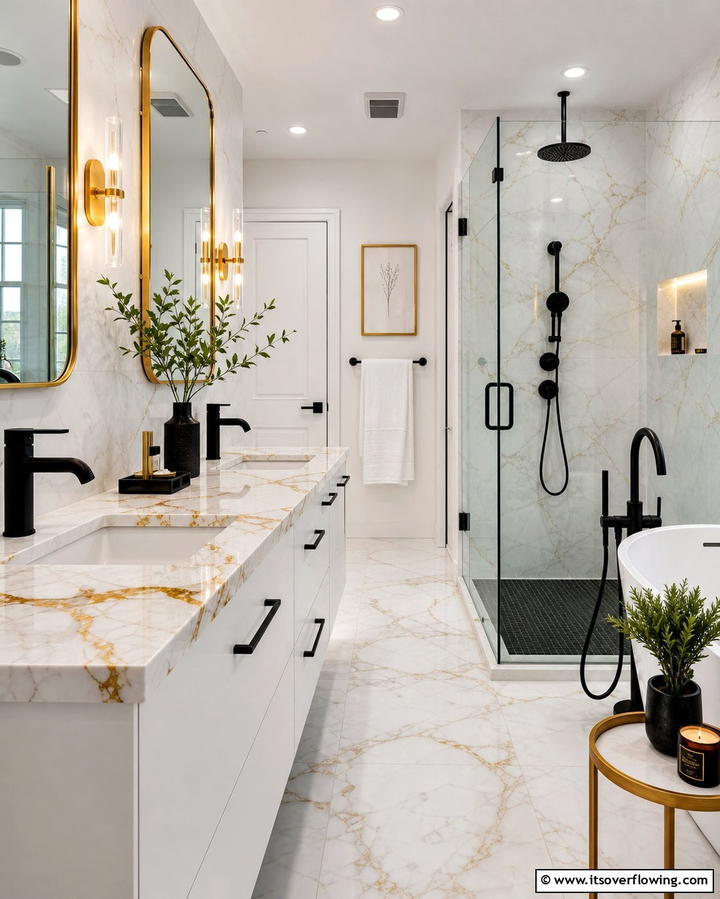 Black Matte Fixtures - 25 Black and Gold Bathroom Ideas for a Glamorous Space