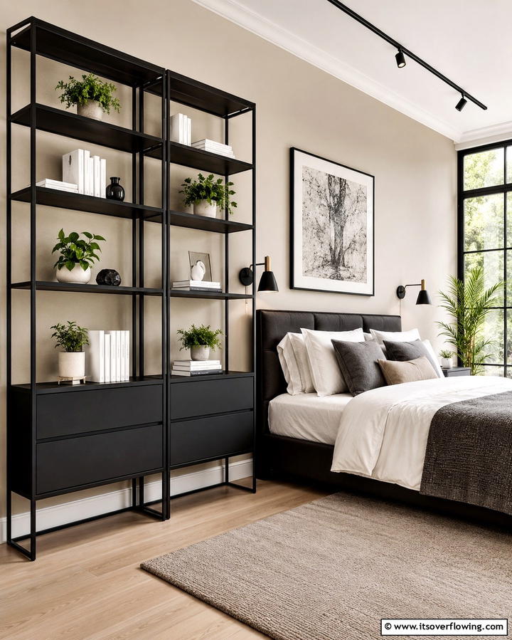 Black Matte Shelving Units - 25 Matte Black Bedroom Ideas for a Sleek and Modern Look
