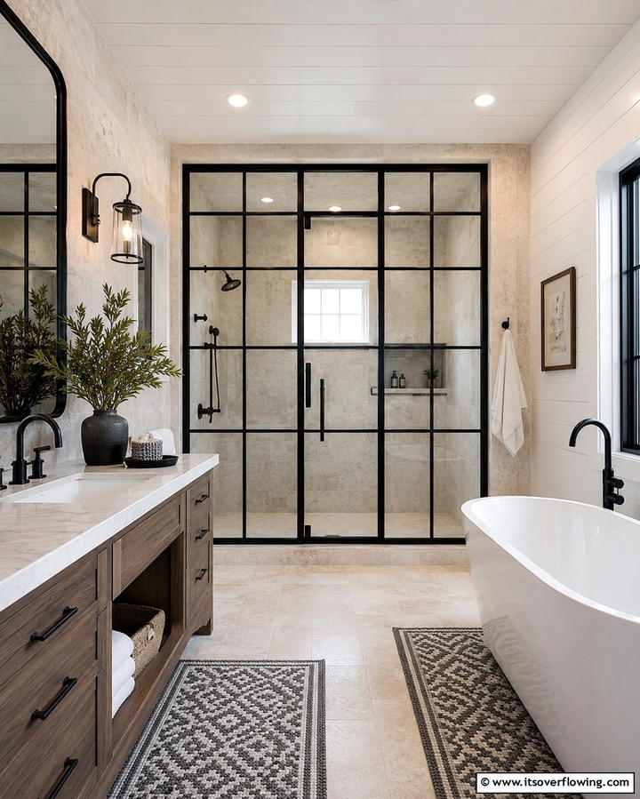 Black Metal Frames for a Bold Contrast - 25 Rustic Walk-in Shower Ideas for a Spa-Like Bathroom