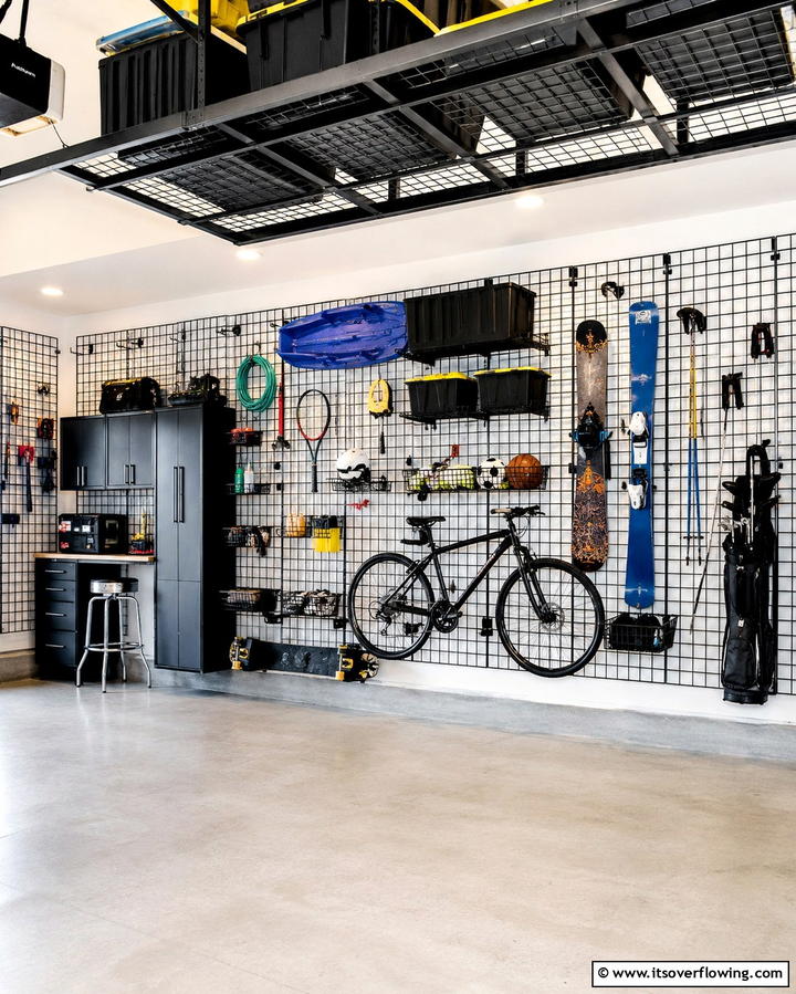 Black Metal Grid Storage - 25 Black Garage Ideas for a Sleek and Functional Space