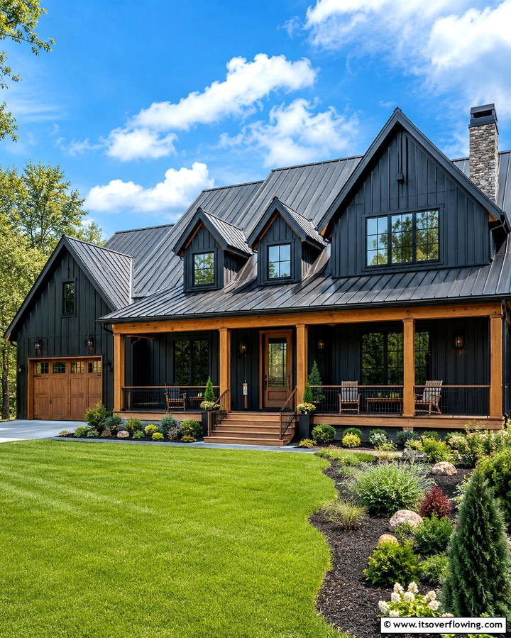 Black Metal Roof Accents - 25 Black Modern Farmhouse Exterior Design Ideas