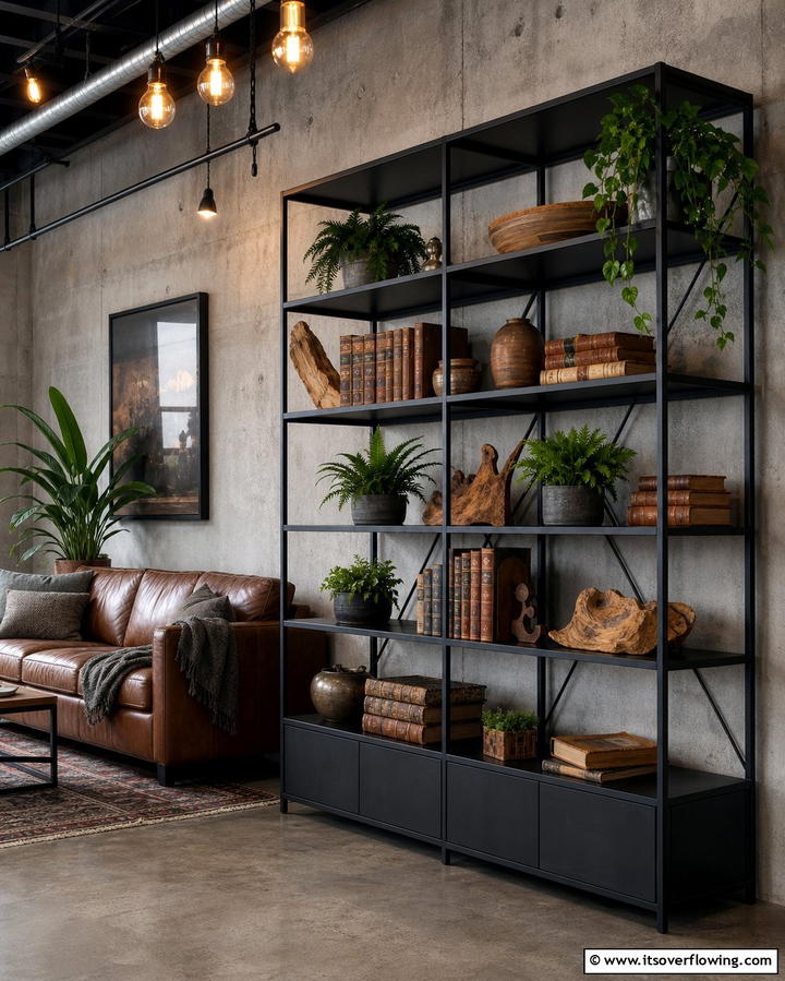Black Metal Shelving Units for Industrial Chic - 25 Chic Black and Brown Living Room Ideas for Modern Homes