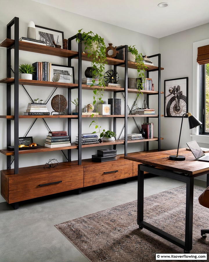 Black Metal Shelving with Wooden Details - 20 Black and Brown Interior Design Ideas for Modern Homes
